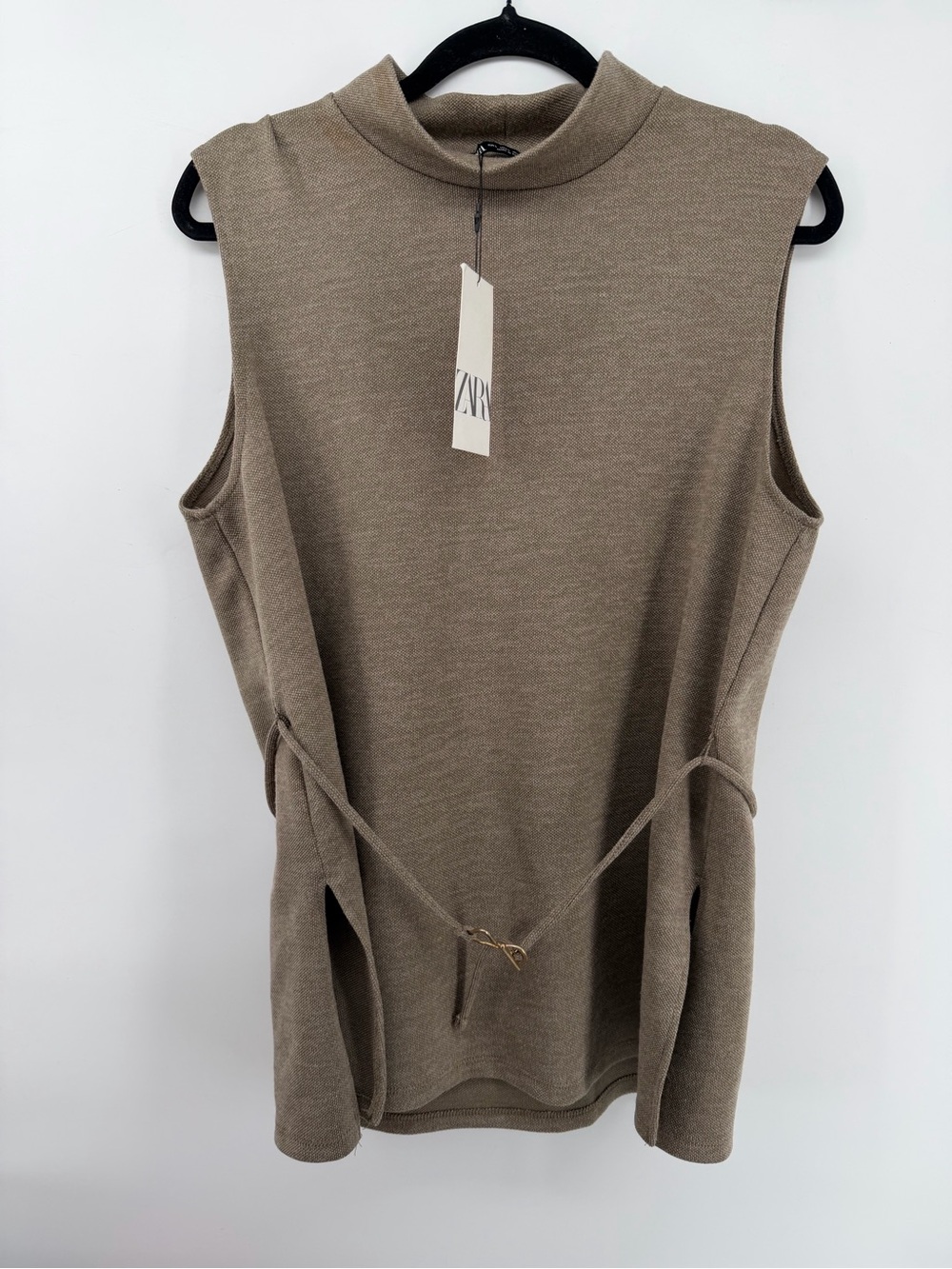 NWT ZARA Taupe Sleeveless Mock Neck Tunic Top Tie Waist Side Slits Size L - Picture 2 of 7